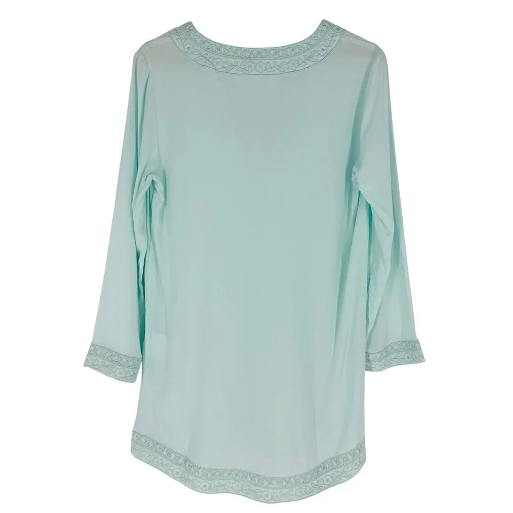 Tavik Aqua Blue Floral Embroidered V-Neck 3/4 Sleeve Split Hem Beachy Tunic XS - Picture 2 of 8